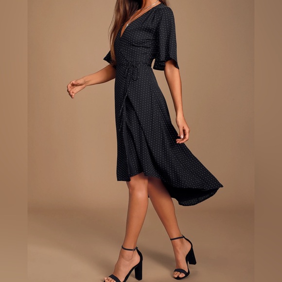 Lulus: Farah Black Print Midi Wrap Dress - Picture 1 of 8